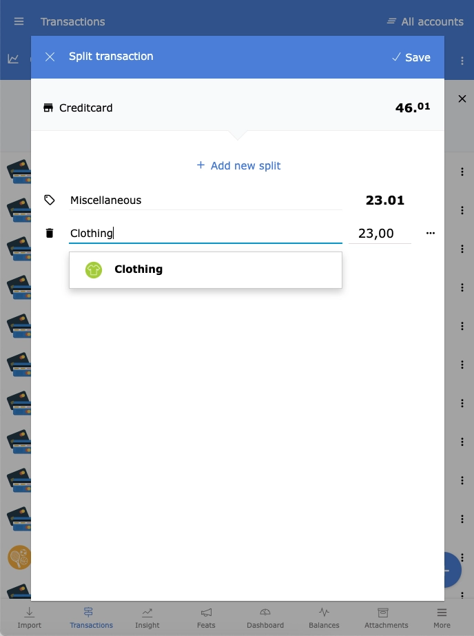 Split a transaction over multiple categories